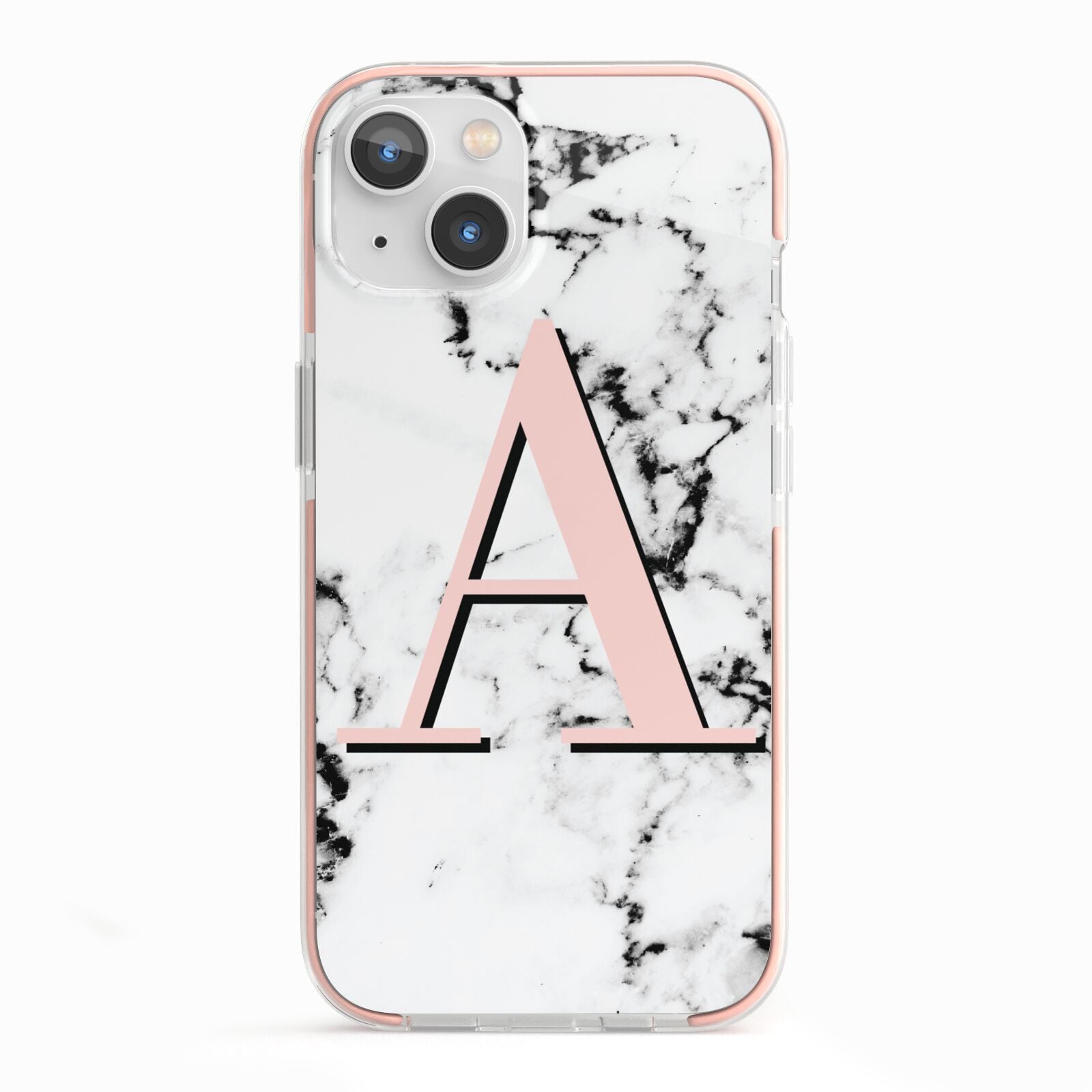 Personalised Block Coral Monogram Marble iPhone 13 TPU Impact Case with Pink Edges