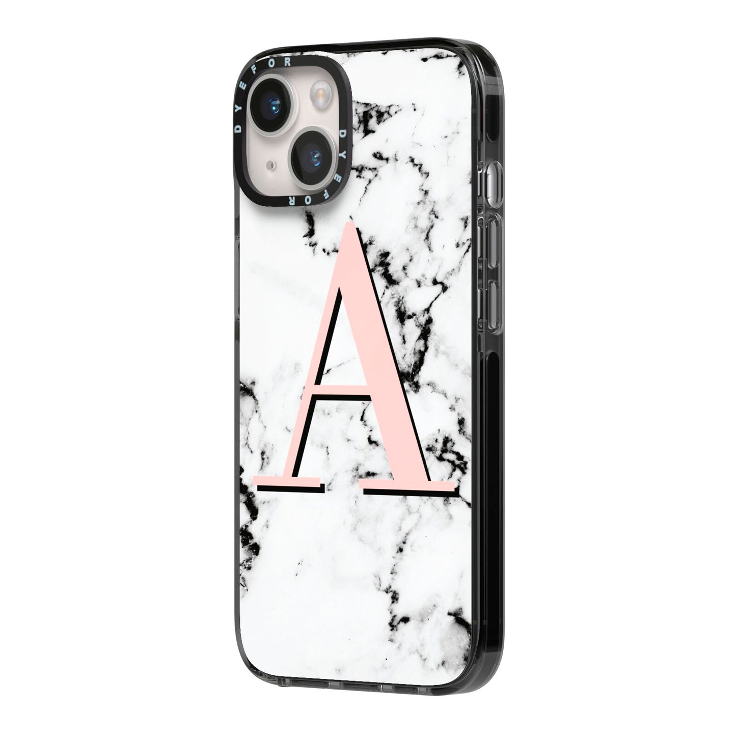 Personalised Block Coral Monogram Marble iPhone 14 Black Impact Case Side Angle on Silver phone