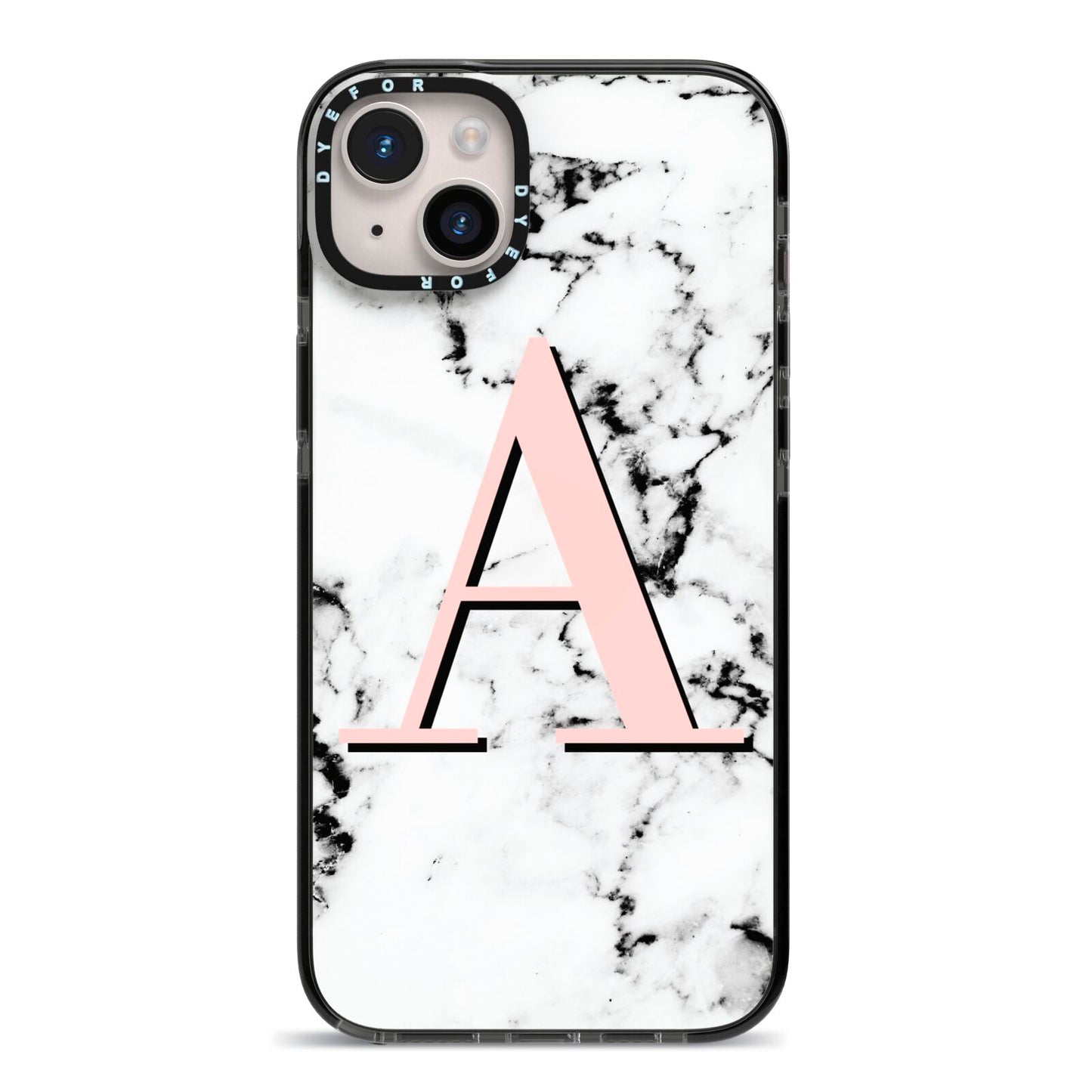 Personalised Block Coral Monogram Marble iPhone 14 Plus Black Impact Case on Silver phone