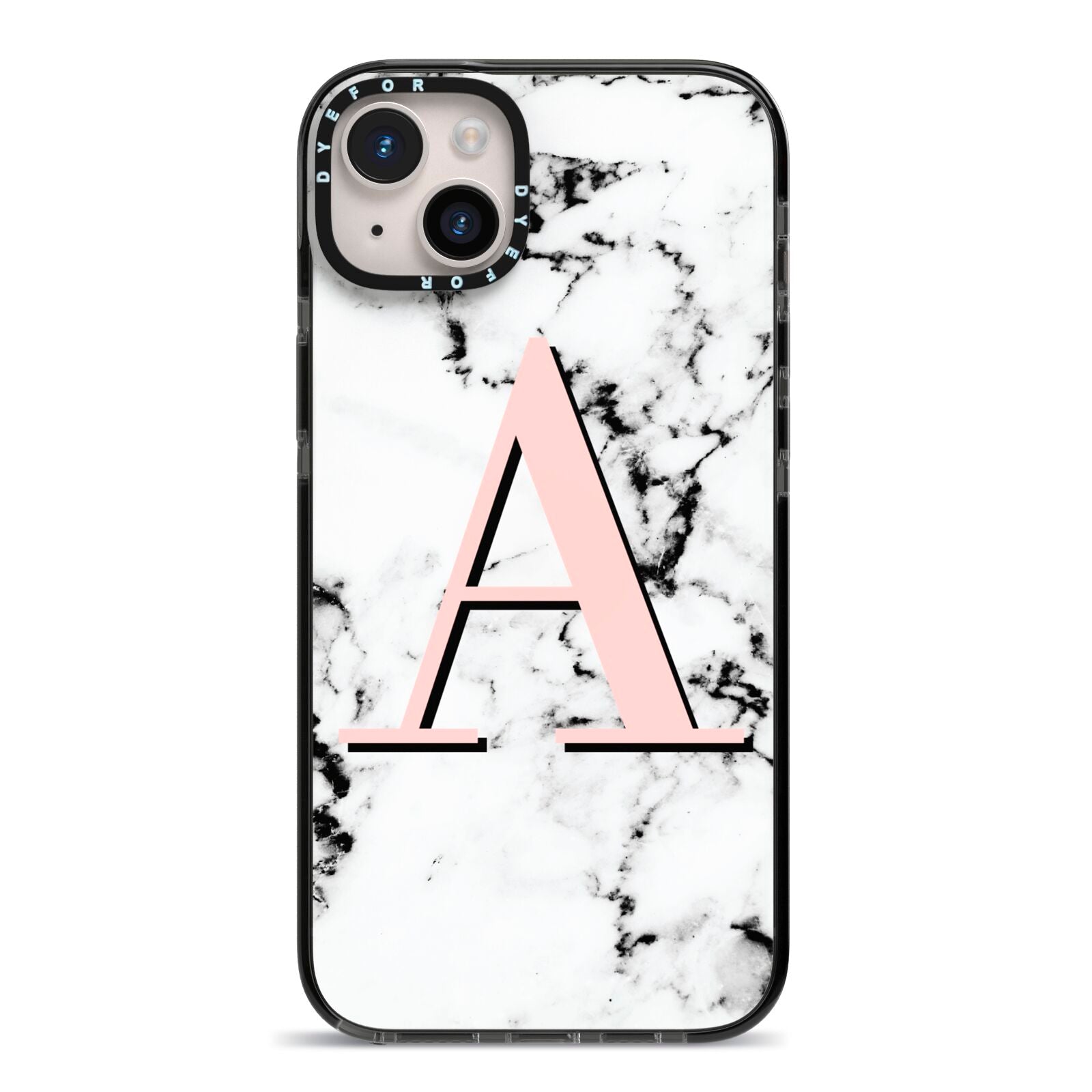 Personalised Block Coral Monogram Marble iPhone 14 Plus Black Impact Case on Silver phone