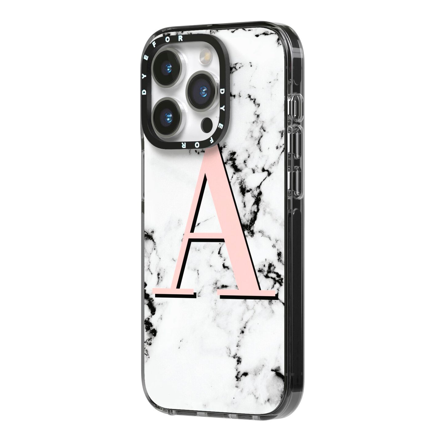 Personalised Block Coral Monogram Marble iPhone 14 Pro Black Impact Case Side Angle on Silver phone