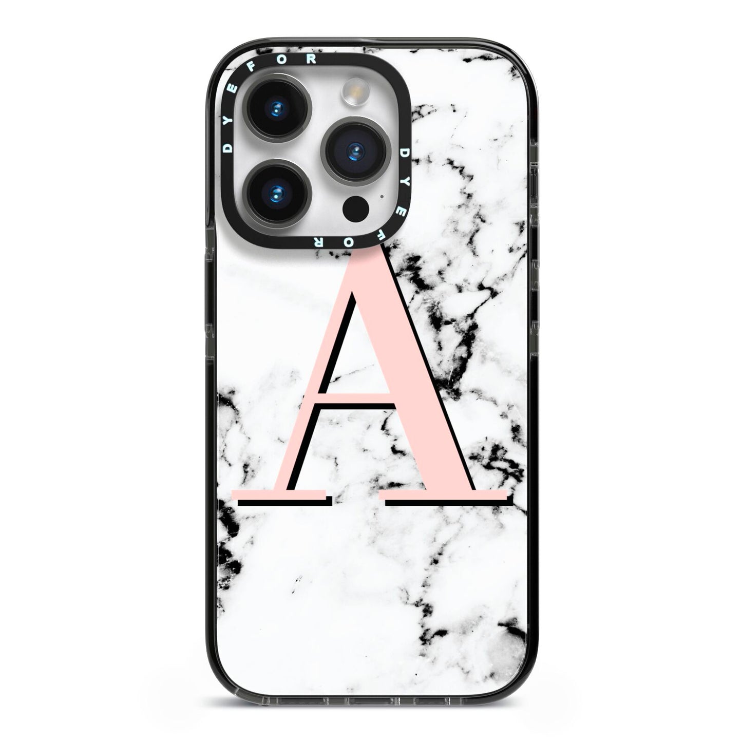 Personalised Block Coral Monogram Marble iPhone 14 Pro Black Impact Case on Silver phone