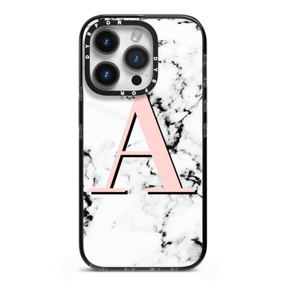 Personalised Block Coral Monogram Marble iPhone 14 Pro Black Impact Case on Silver phone