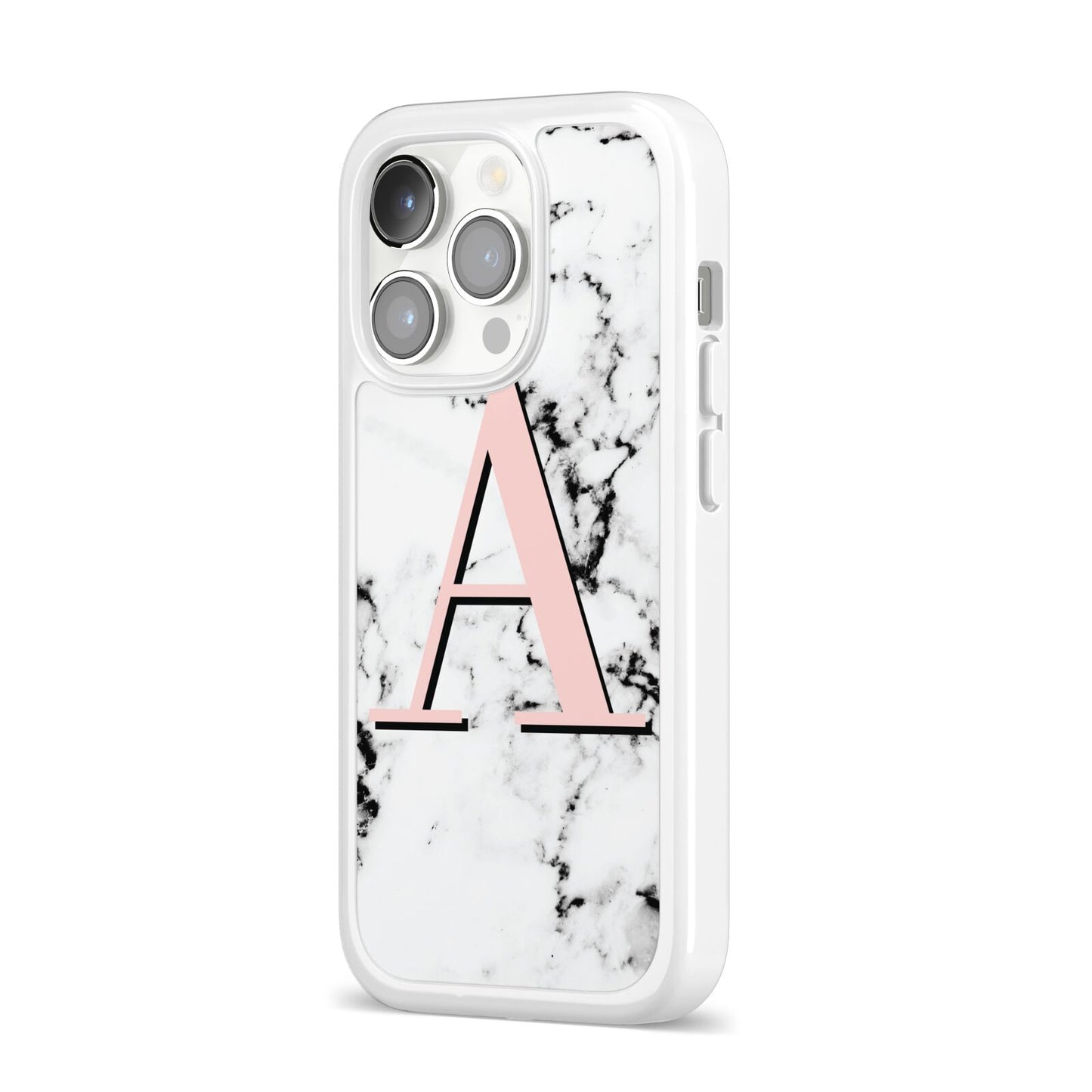 Personalised Block Coral Monogram Marble iPhone 14 Pro Clear Tough Case Silver Angled Image