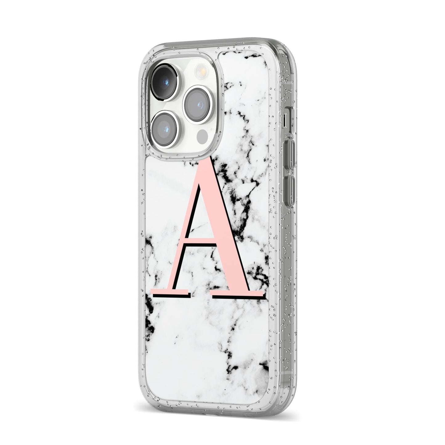 Personalised Block Coral Monogram Marble iPhone 14 Pro Glitter Tough Case Silver Angled Image