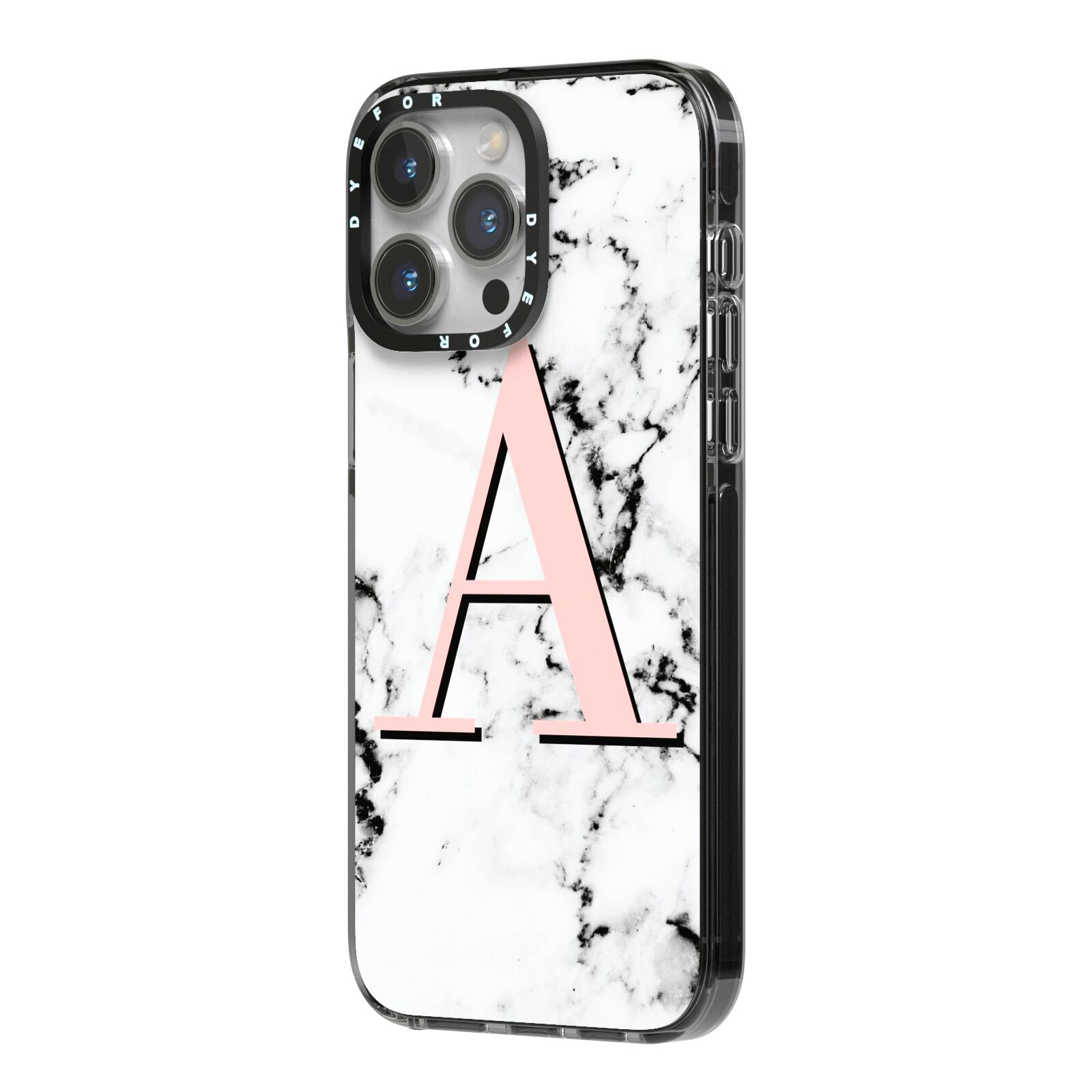 Personalised Block Coral Monogram Marble iPhone 14 Pro Max Black Impact Case Side Angle on Silver phone