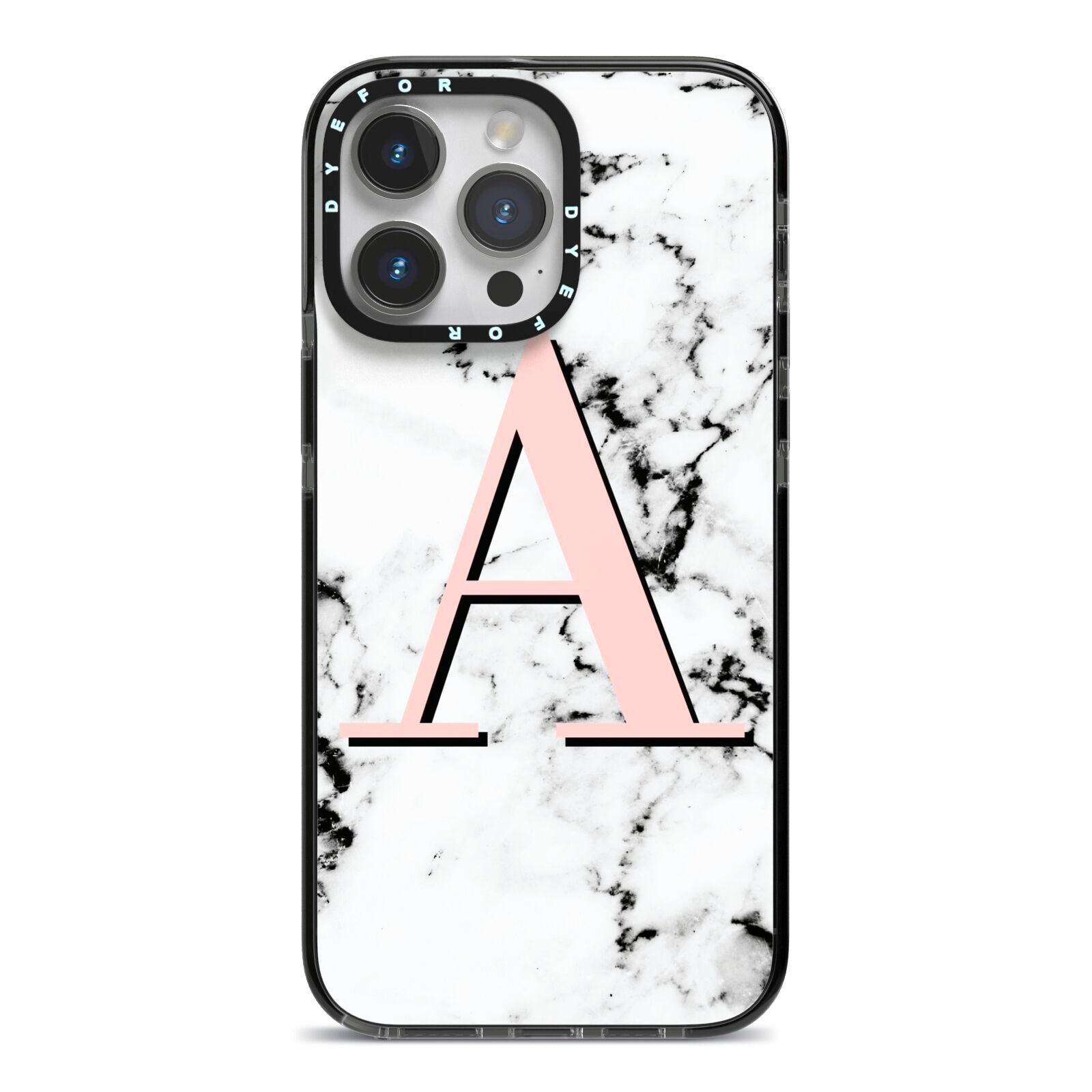 Personalised Block Coral Monogram Marble iPhone 14 Pro Max Black Impact Case on Silver phone