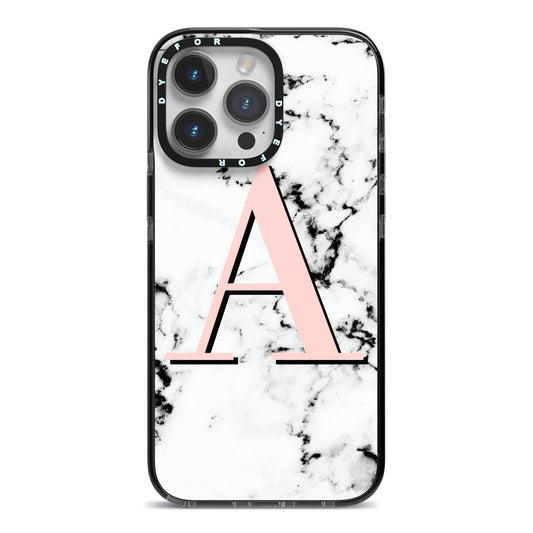 Personalised Block Coral Monogram Marble iPhone 14 Pro Max Black Impact Case on Silver phone