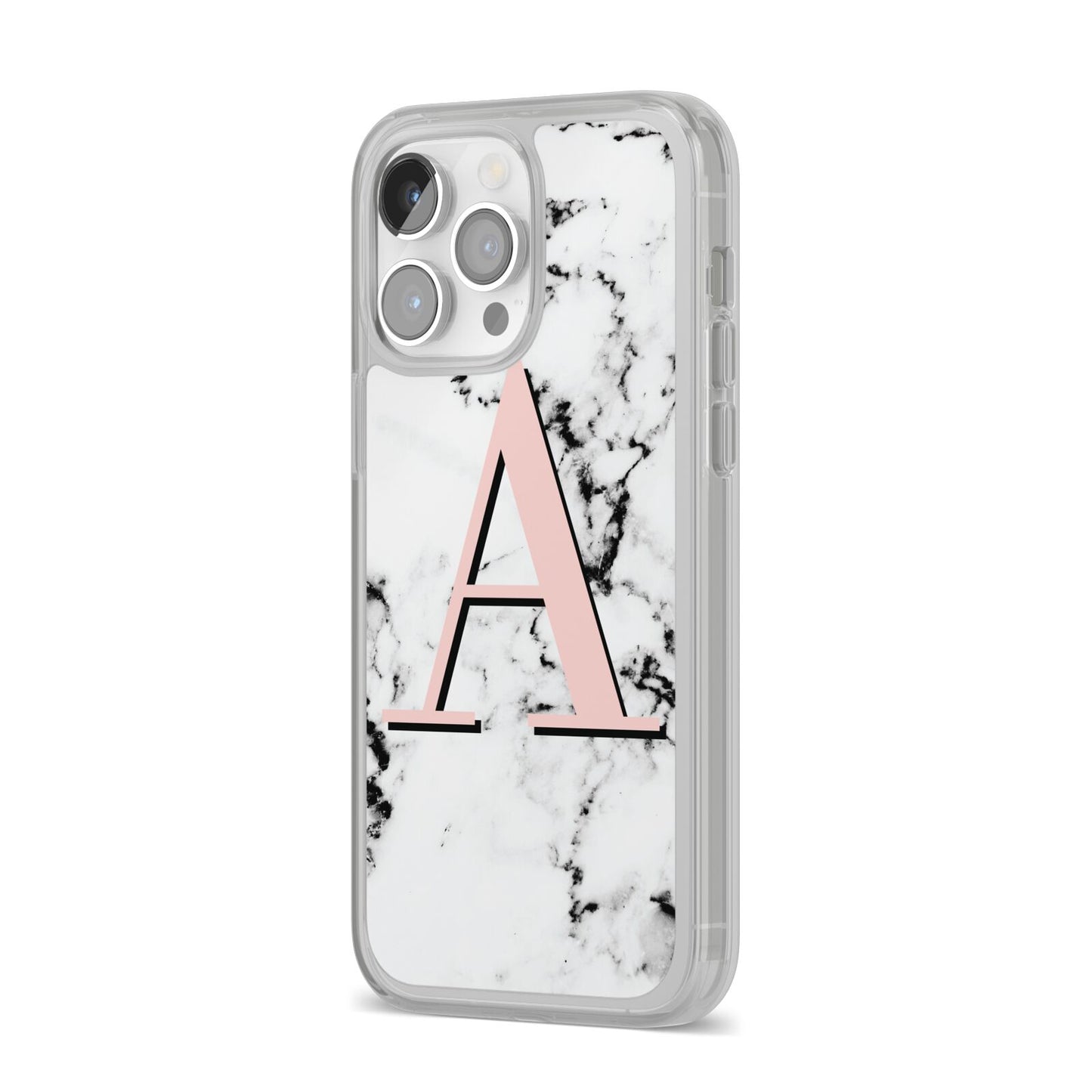 Personalised Block Coral Monogram Marble iPhone 14 Pro Max Clear Tough Case Silver Angled Image