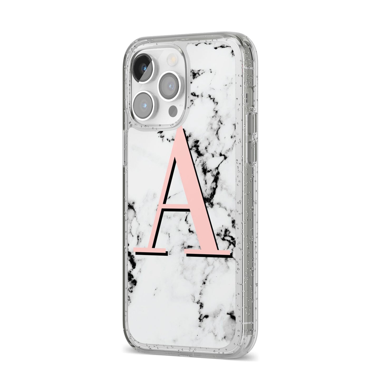 Personalised Block Coral Monogram Marble iPhone 14 Pro Max Glitter Tough Case Silver Angled Image