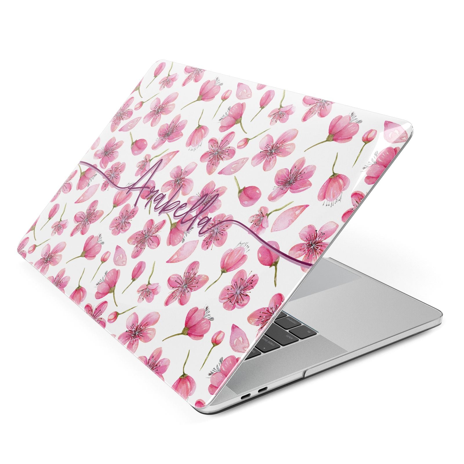 Personalised Blossom Pattern Pink Apple MacBook Case Side View