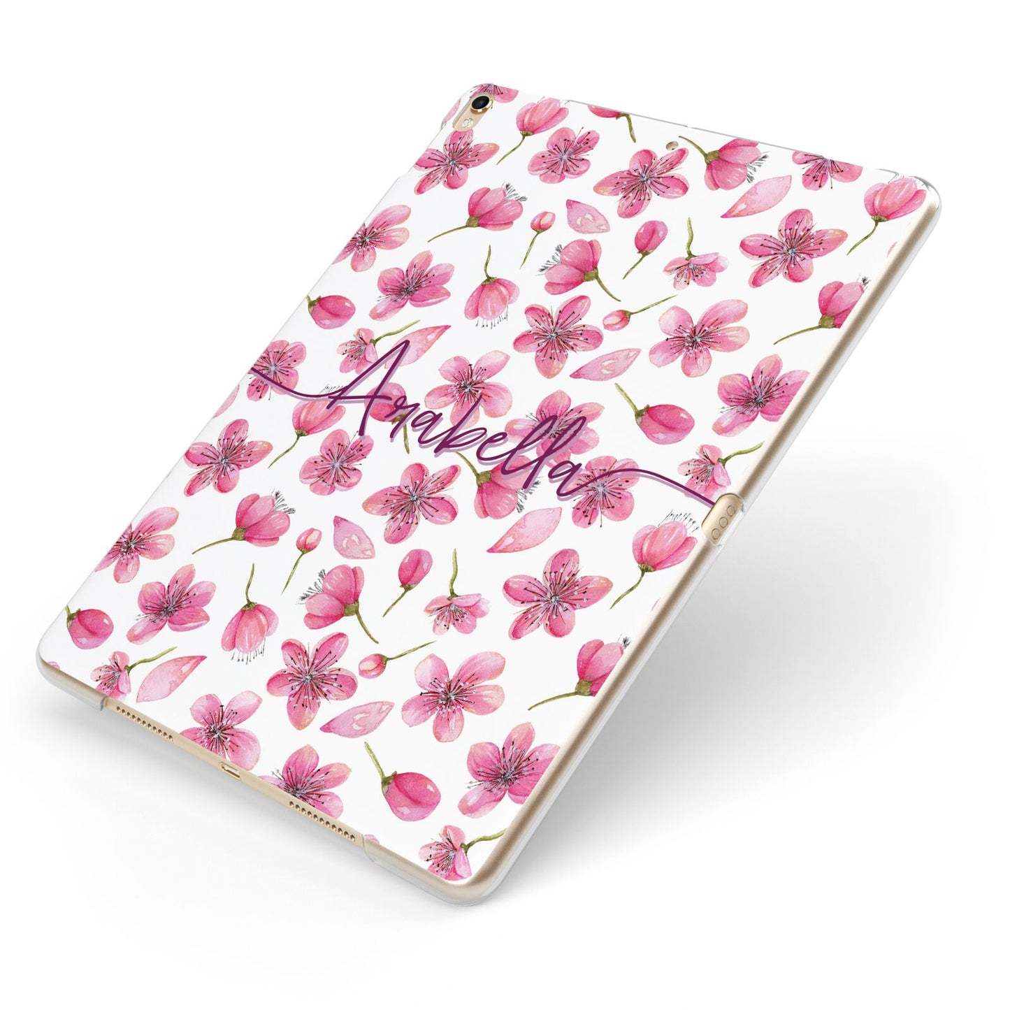 Personalised Blossom Pattern Pink Apple iPad Case on Gold iPad Side View