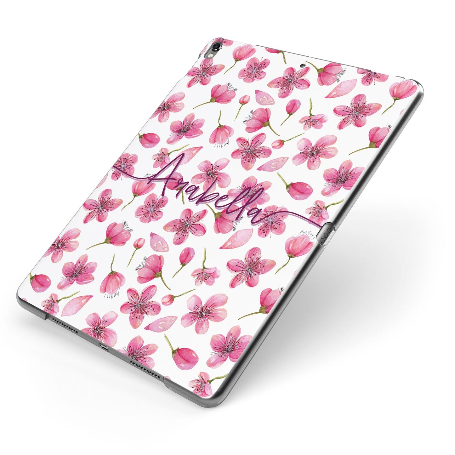 Personalised Blossom Pattern Pink Apple iPad Case on Grey iPad Side View