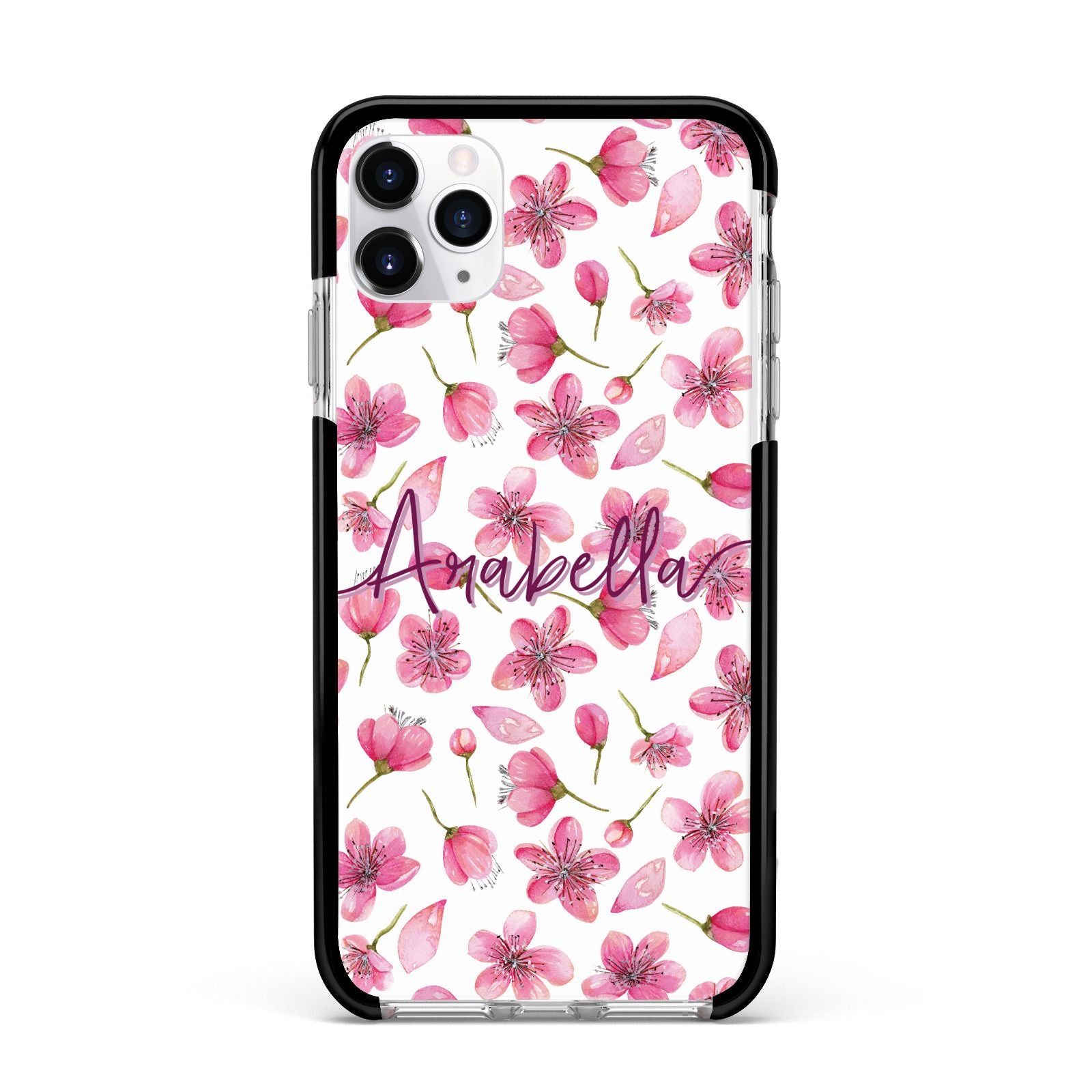 Personalised Blossom Pattern Pink Apple iPhone 11 Pro Max in Silver with Black Impact Case