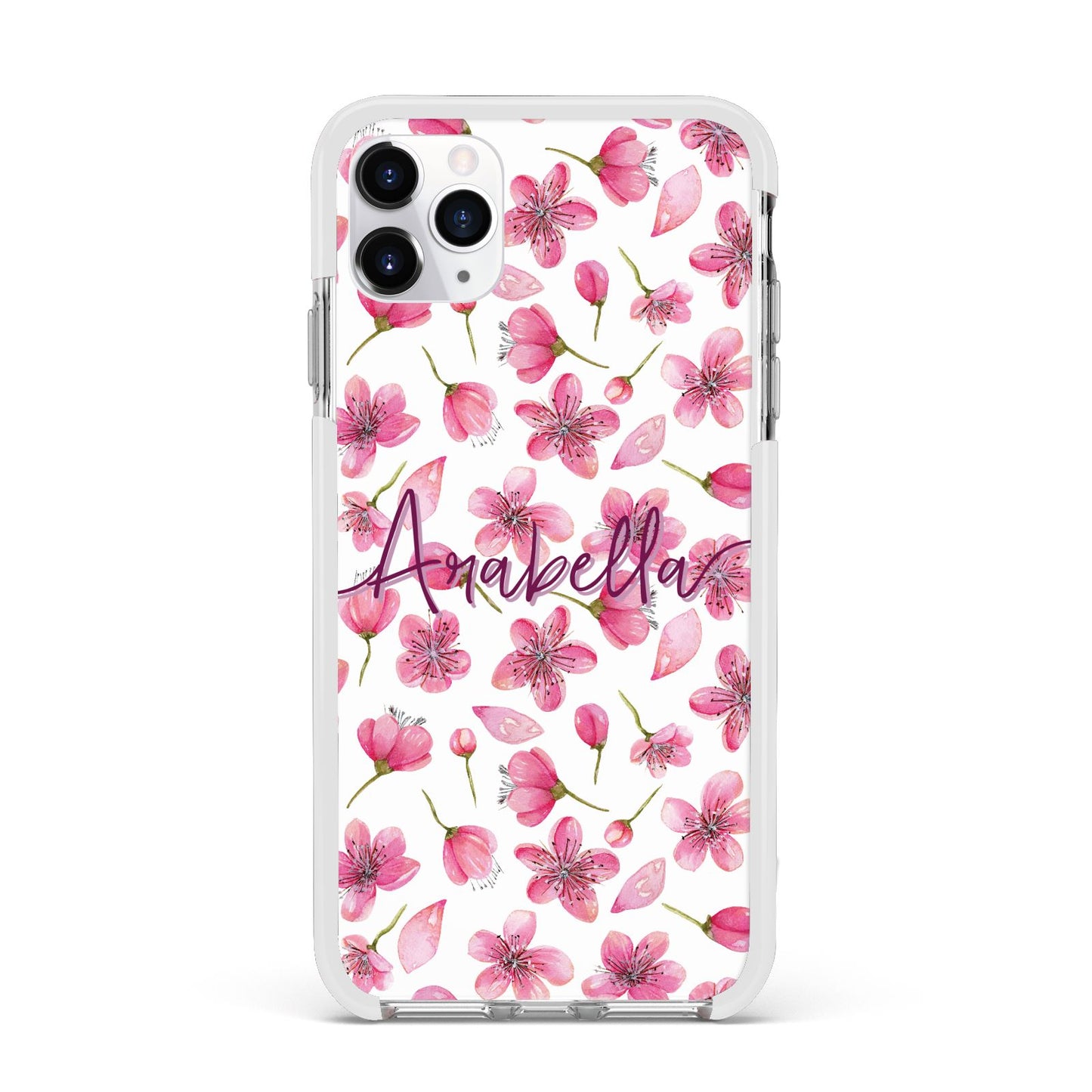 Personalised Blossom Pattern Pink Apple iPhone 11 Pro Max in Silver with White Impact Case