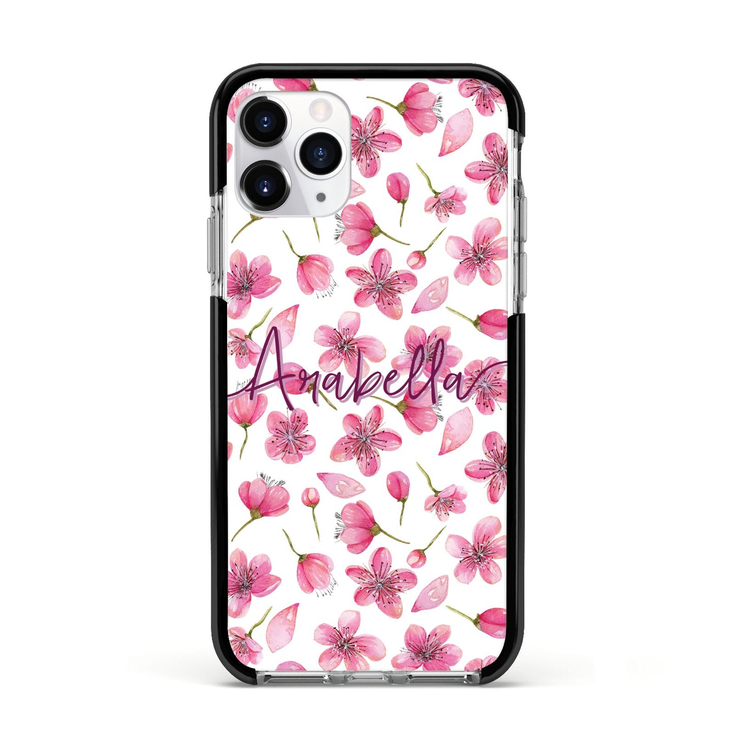 Personalised Blossom Pattern Pink Apple iPhone 11 Pro in Silver with Black Impact Case