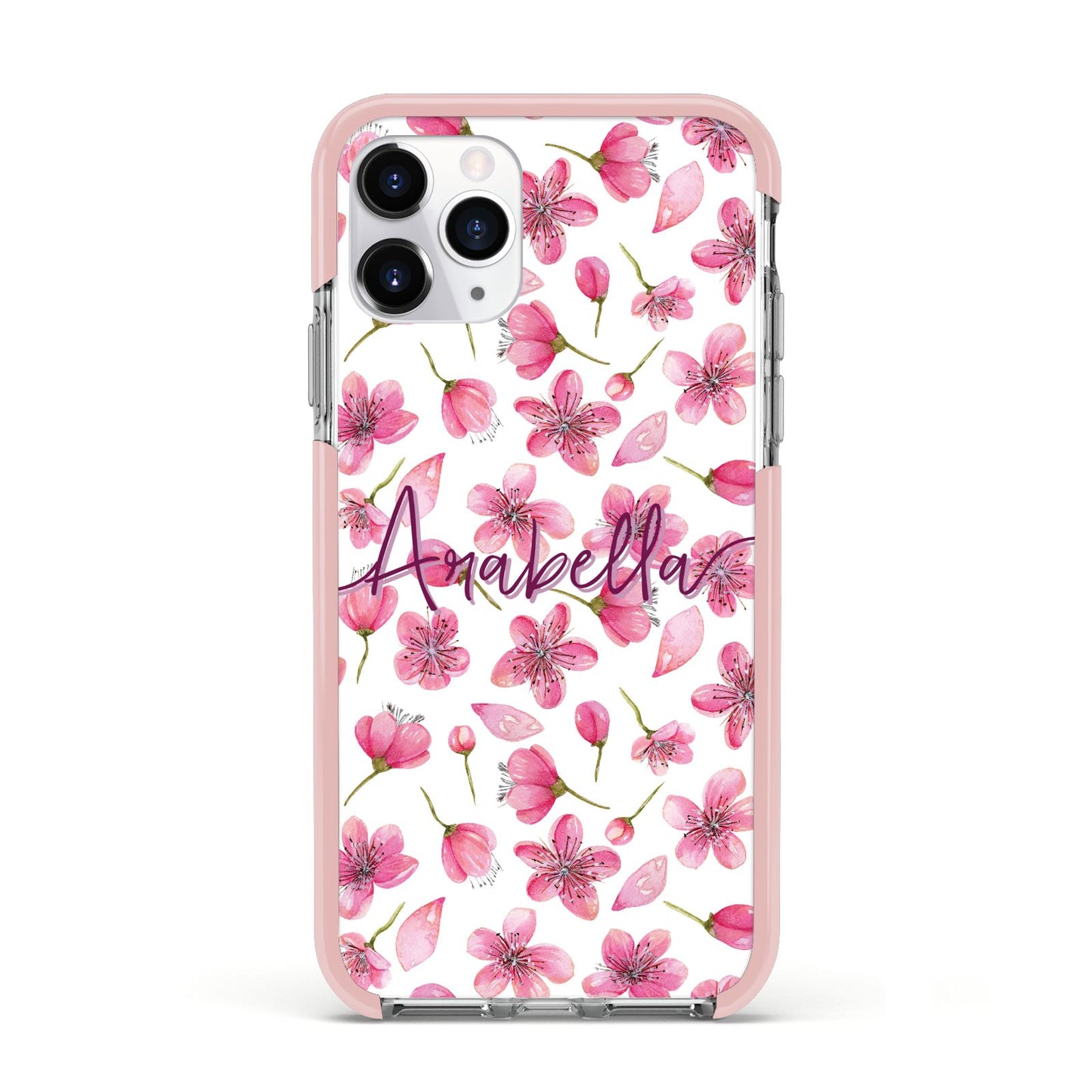 Personalised Blossom Pattern Pink Apple iPhone 11 Pro in Silver with Pink Impact Case