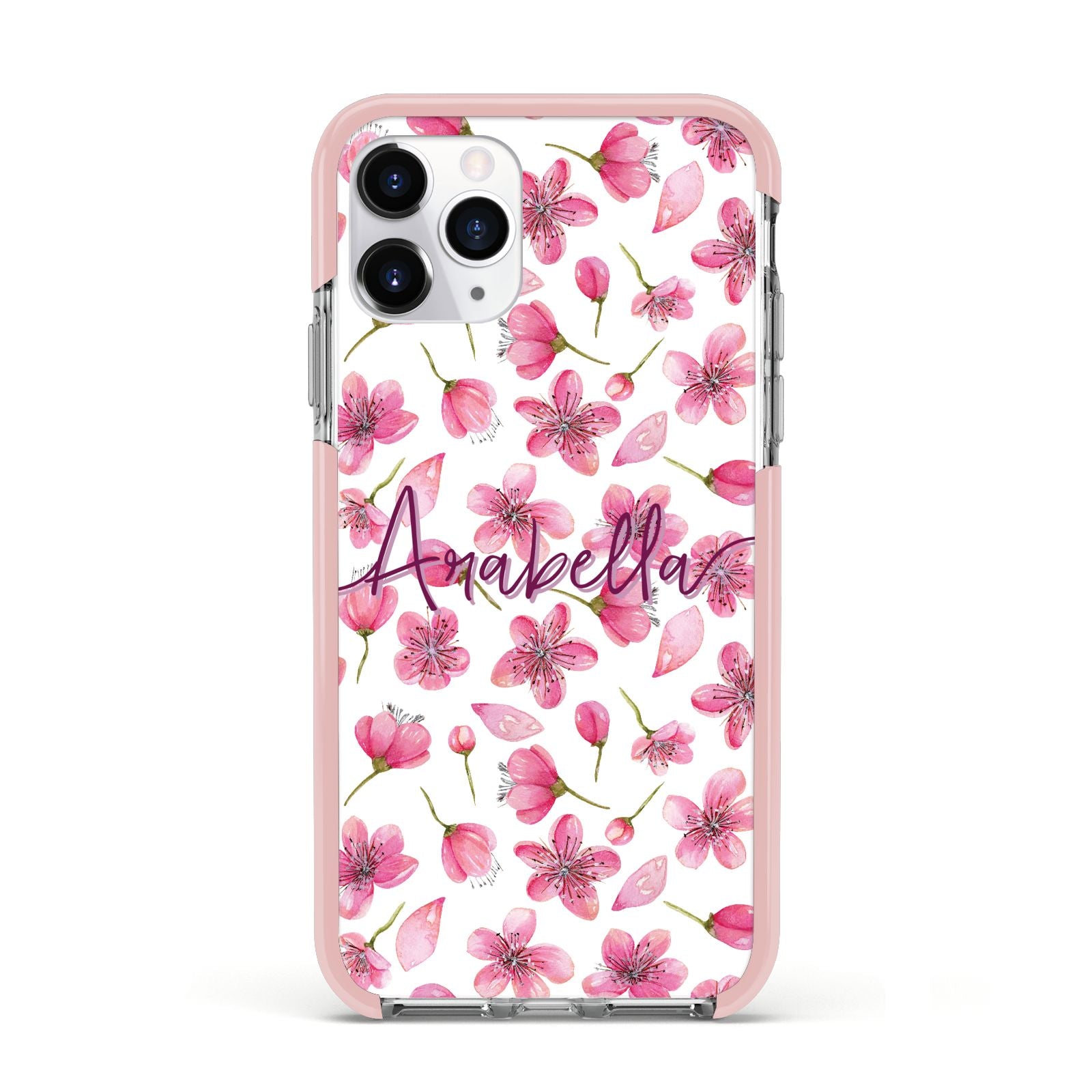 Personalised Blossom Pattern Pink Apple iPhone 11 Pro in Silver with Pink Impact Case