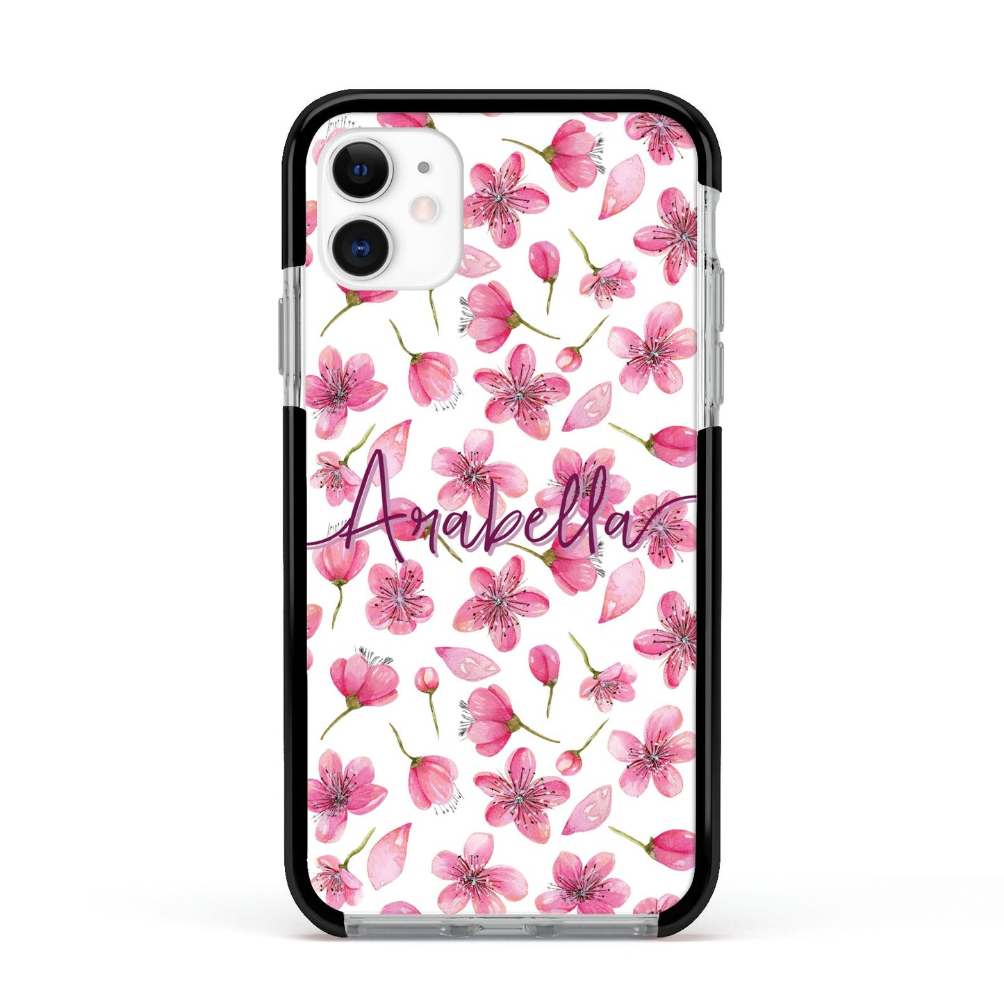 Personalised Blossom Pattern Pink Apple iPhone 11 in White with Black Impact Case