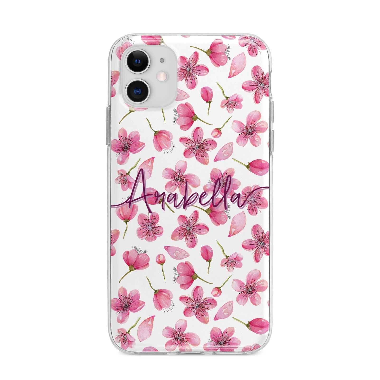 Personalised Blossom Pattern Pink Apple iPhone 11 in White with Bumper Case