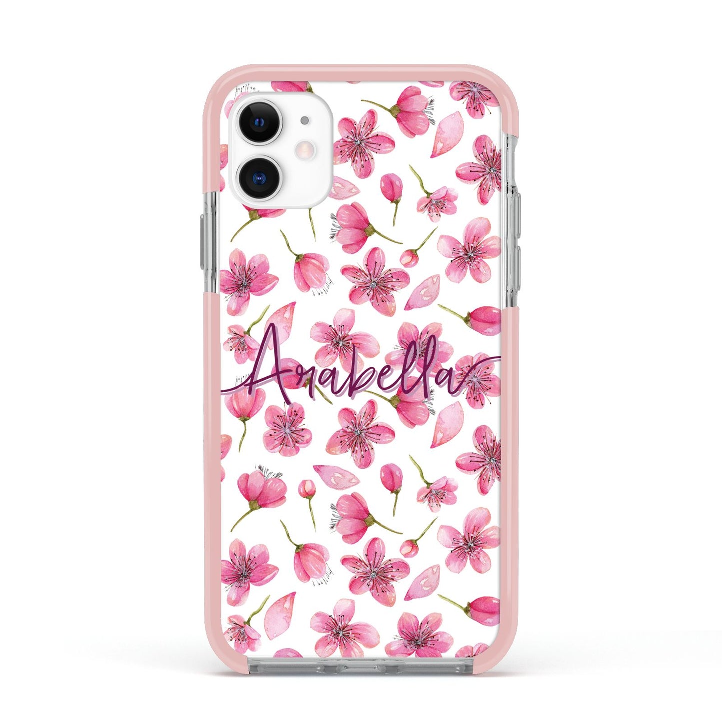 Personalised Blossom Pattern Pink Apple iPhone 11 in White with Pink Impact Case
