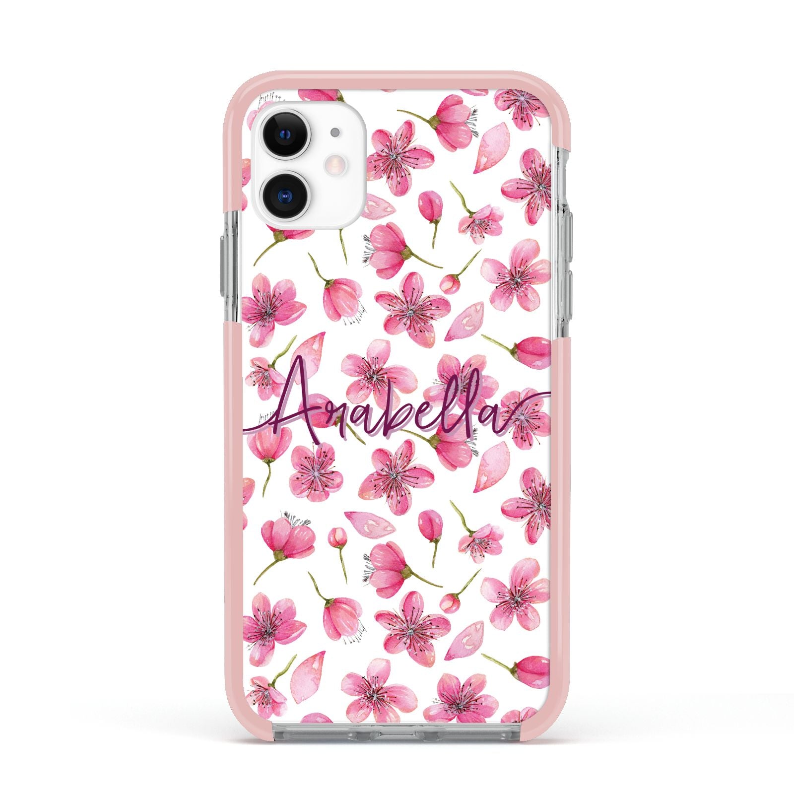 Personalised Blossom Pattern Pink Apple iPhone 11 in White with Pink Impact Case