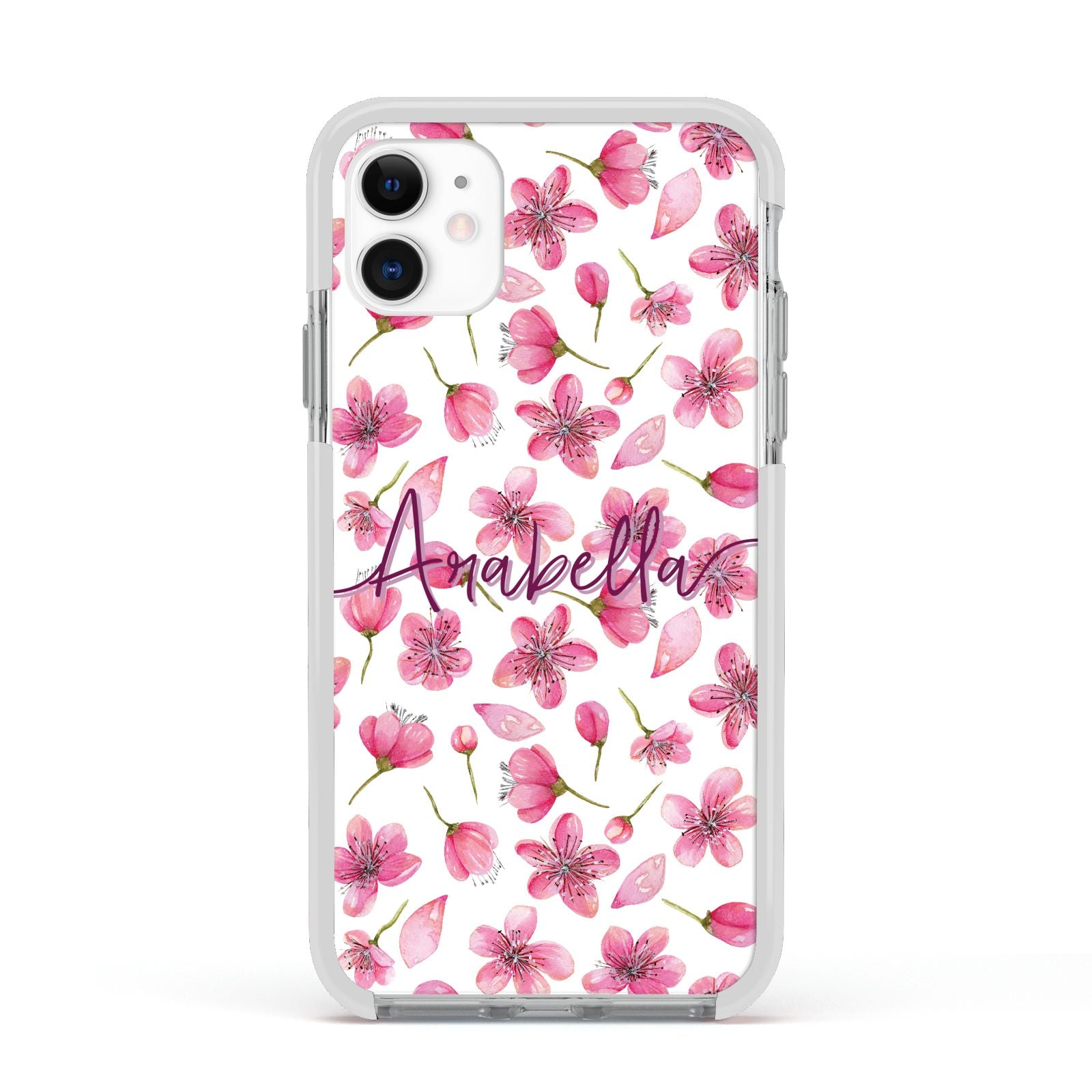 Personalised Blossom Pattern Pink Apple iPhone 11 in White with White Impact Case