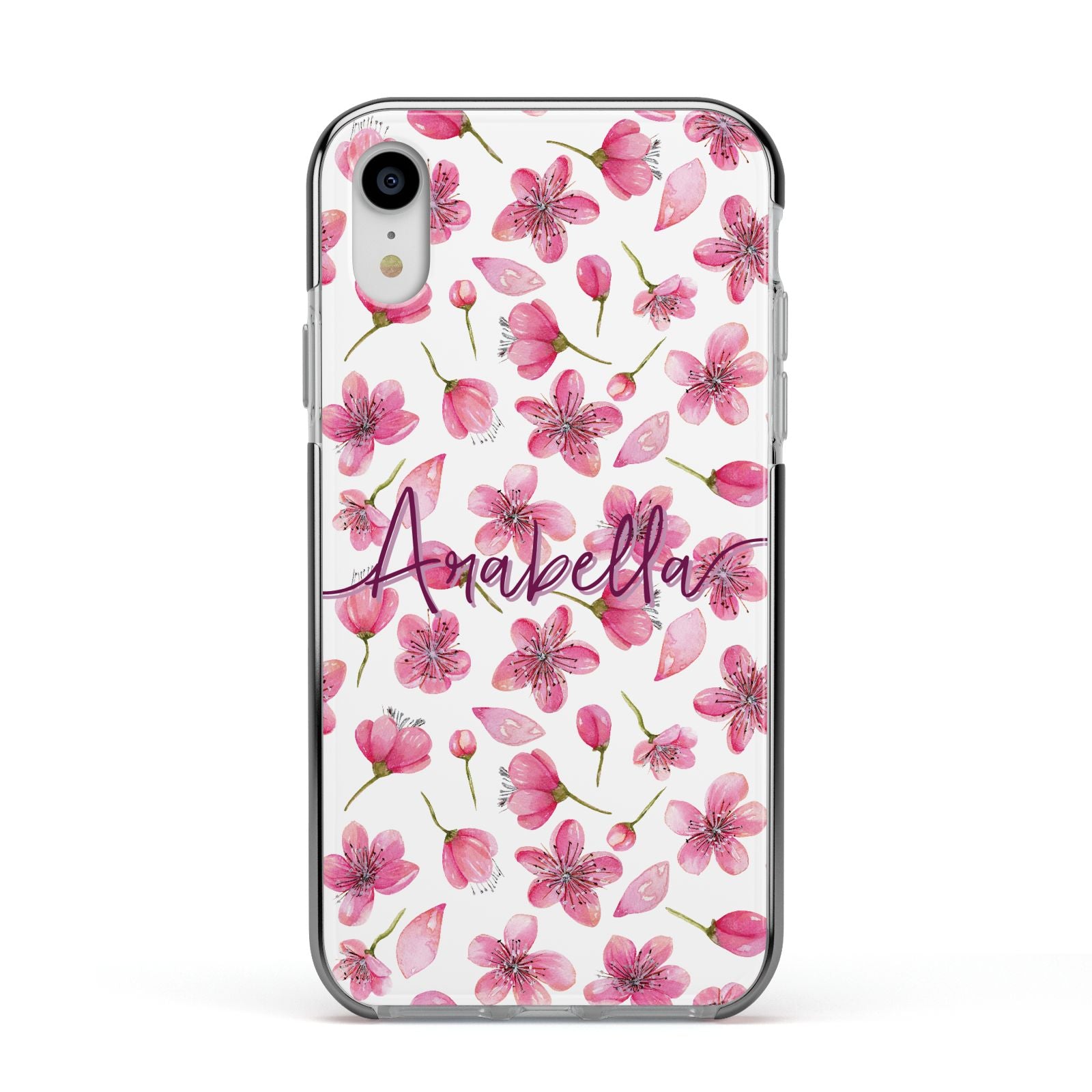 Personalised Blossom Pattern Pink Apple iPhone XR Impact Case Black Edge on Silver Phone
