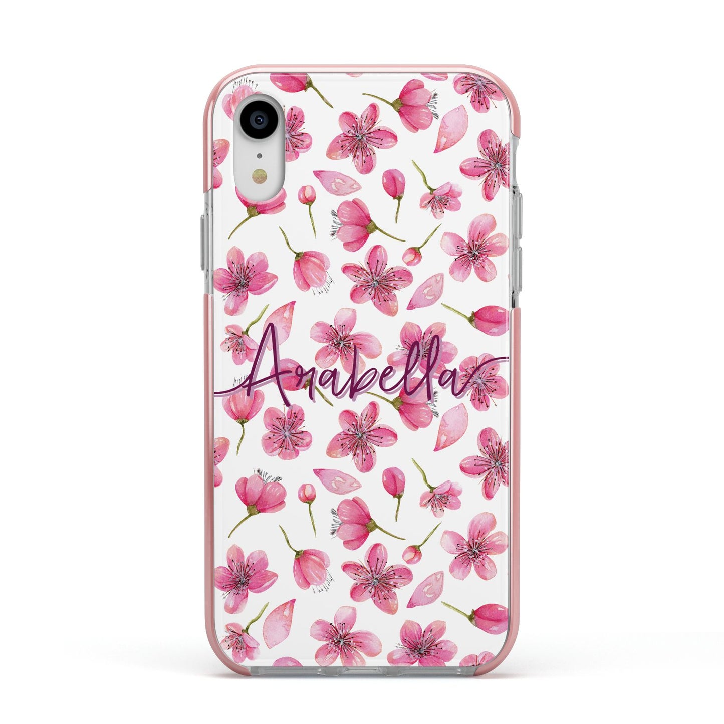 Personalised Blossom Pattern Pink Apple iPhone XR Impact Case Pink Edge on Silver Phone