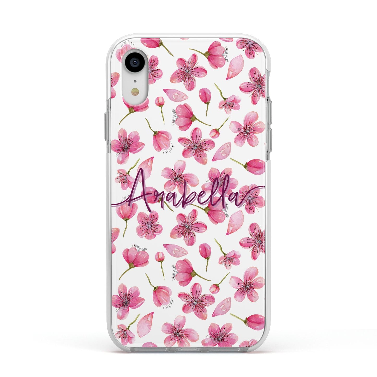 Personalised Blossom Pattern Pink Apple iPhone XR Impact Case White Edge on Silver Phone