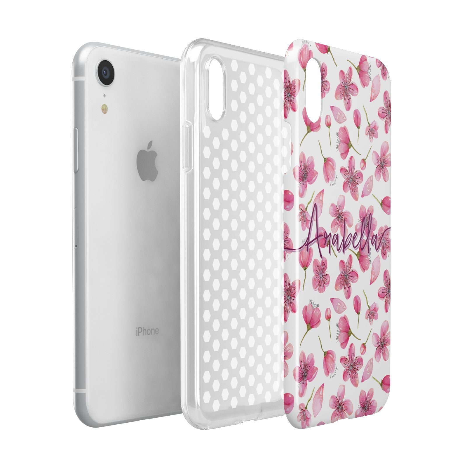 Personalised Blossom Pattern Pink Apple iPhone XR White 3D Tough Case Expanded view