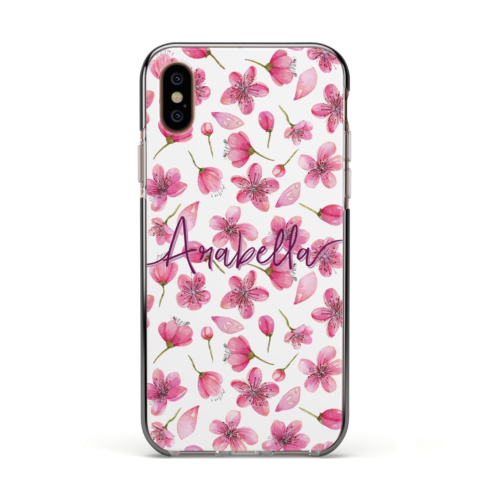 Personalised Blossom Pattern Pink Apple iPhone Xs Impact Case Black Edge on Gold Phone