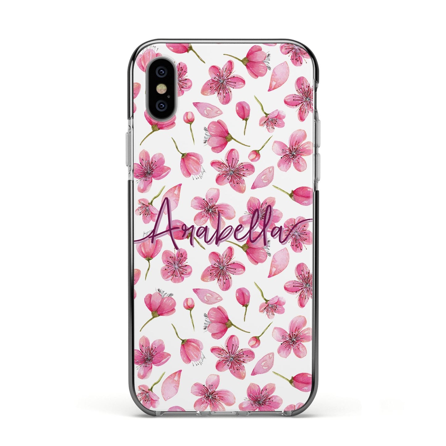 Personalised Blossom Pattern Pink Apple iPhone Xs Impact Case Black Edge on Silver Phone