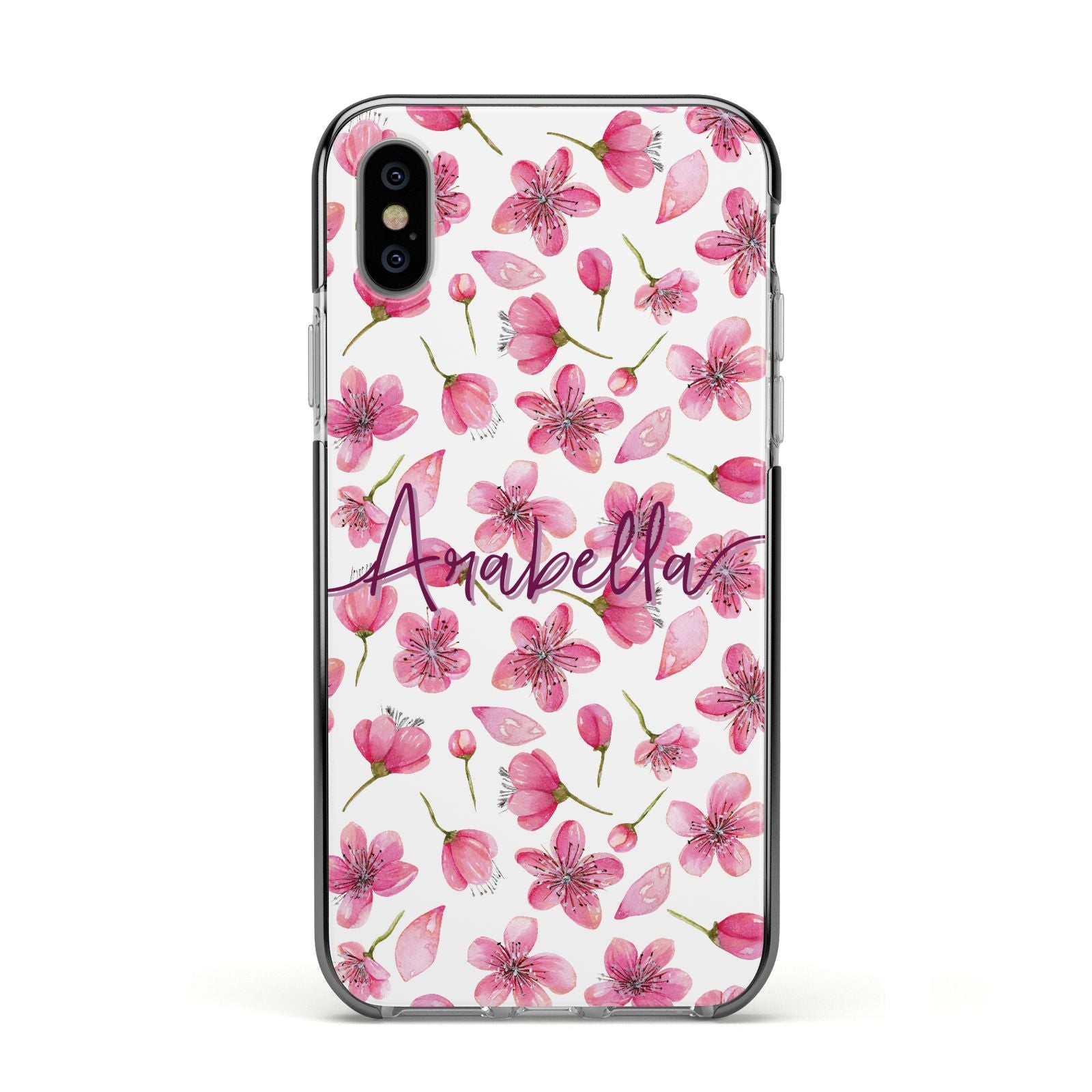 Personalised Blossom Pattern Pink Apple iPhone Xs Impact Case Black Edge on Silver Phone