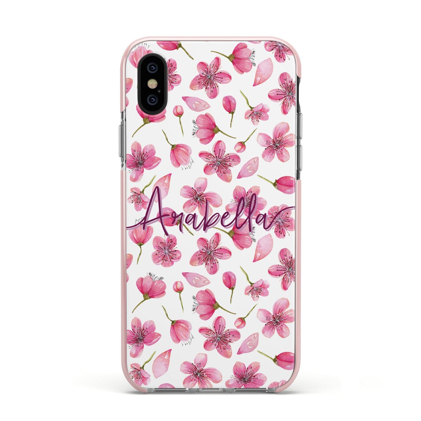 Personalised Blossom Pattern Pink Apple iPhone Xs Impact Case Pink Edge on Black Phone