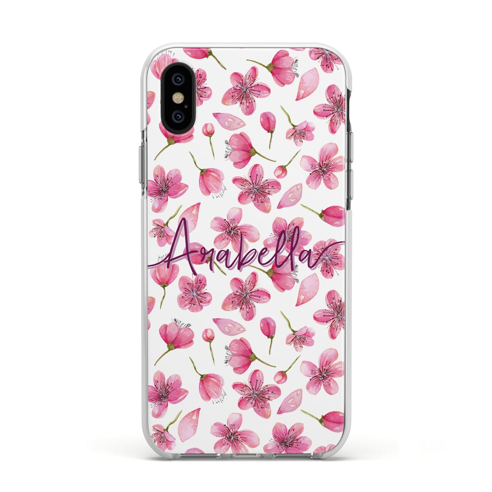Personalised Blossom Pattern Pink Apple iPhone Xs Impact Case White Edge on Black Phone