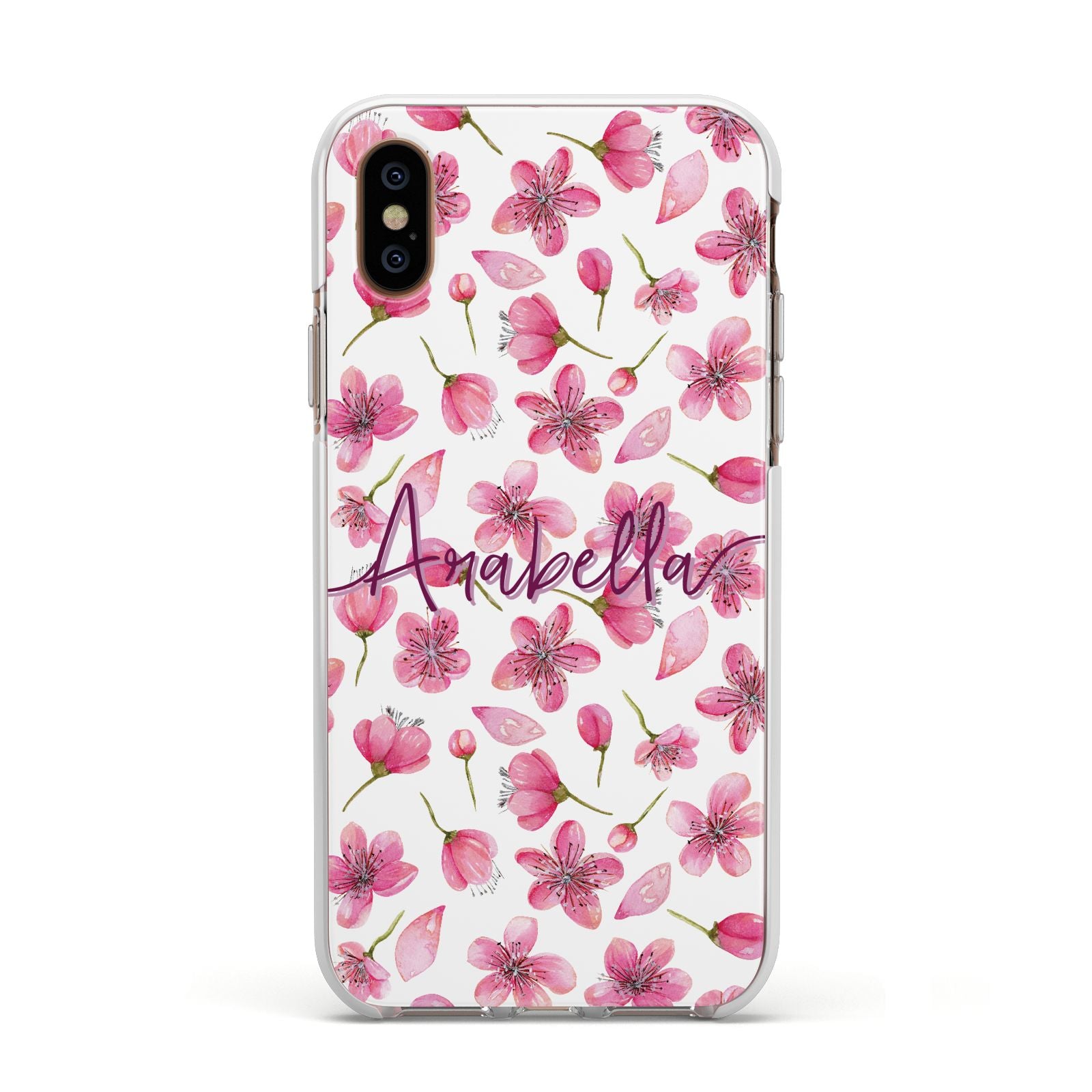 Personalised Blossom Pattern Pink Apple iPhone Xs Impact Case White Edge on Gold Phone