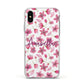 Personalised Blossom Pattern Pink Apple iPhone Xs Impact Case White Edge on Silver Phone