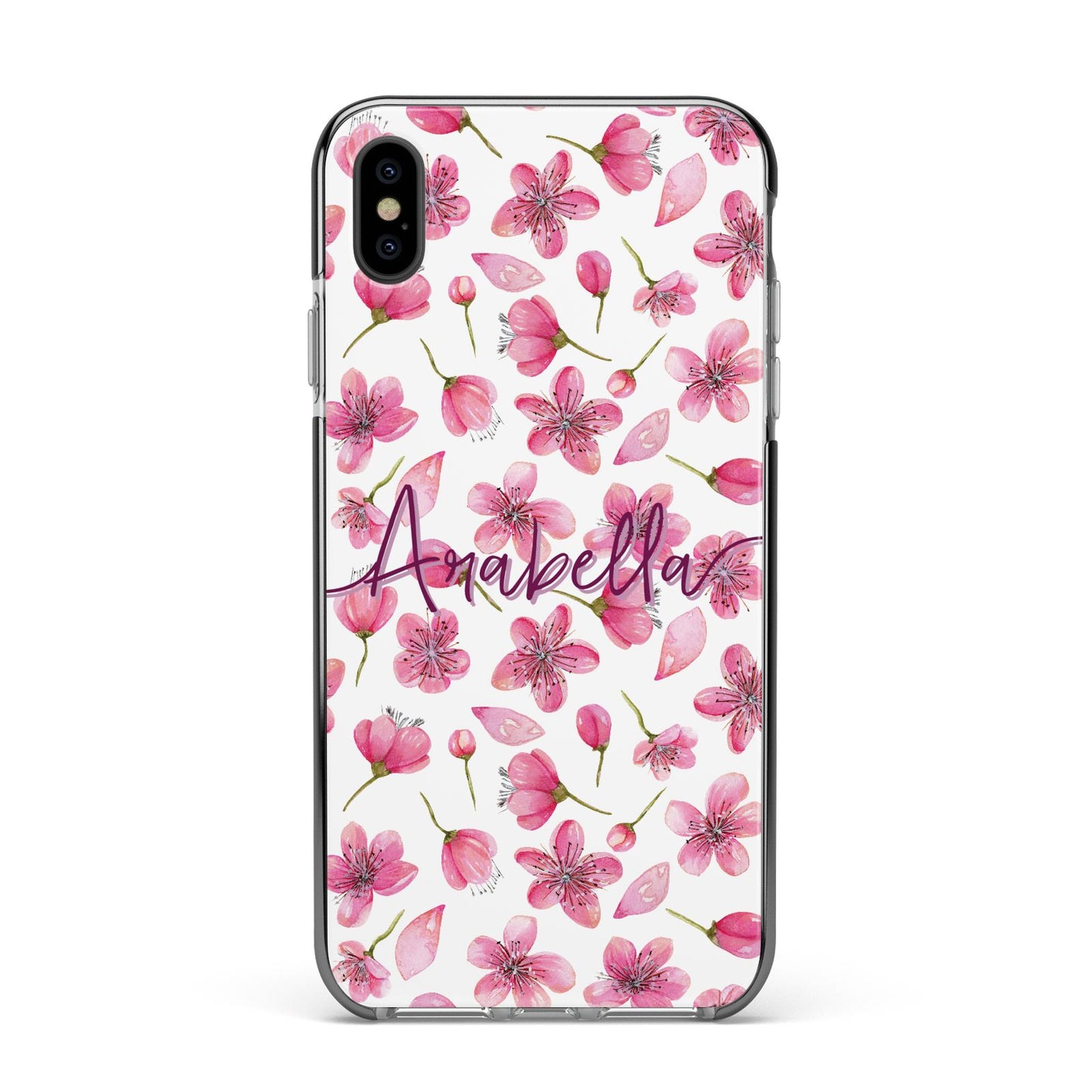 Personalised Blossom Pattern Pink Apple iPhone Xs Max Impact Case Black Edge on Black Phone