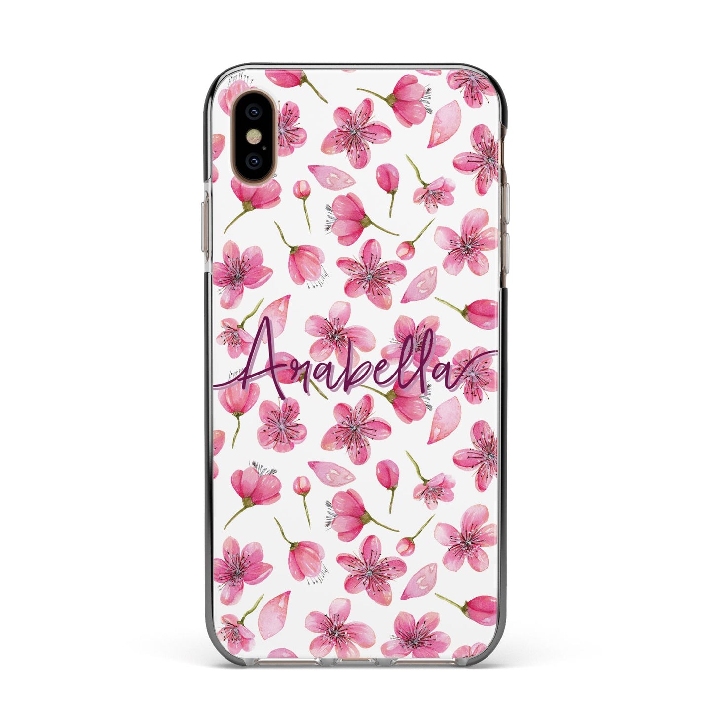 Personalised Blossom Pattern Pink Apple iPhone Xs Max Impact Case Black Edge on Gold Phone