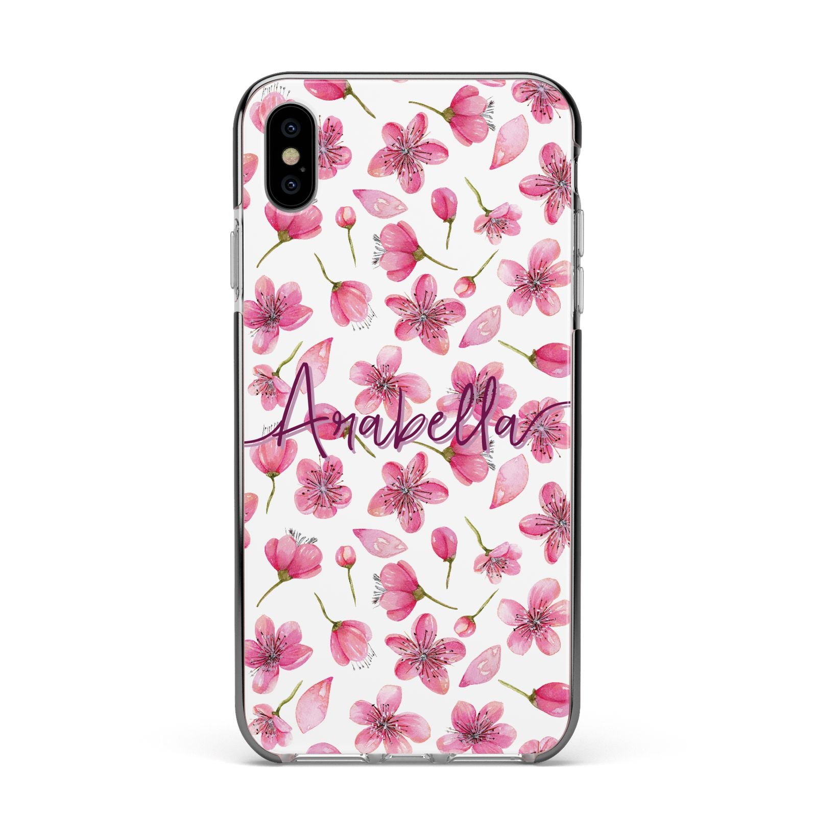 Personalised Blossom Pattern Pink Apple iPhone Xs Max Impact Case Black Edge on Silver Phone