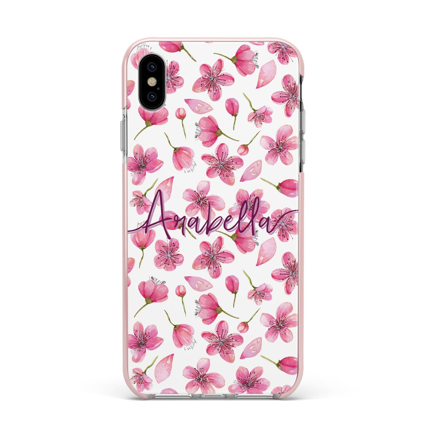Personalised Blossom Pattern Pink Apple iPhone Xs Max Impact Case Pink Edge on Silver Phone