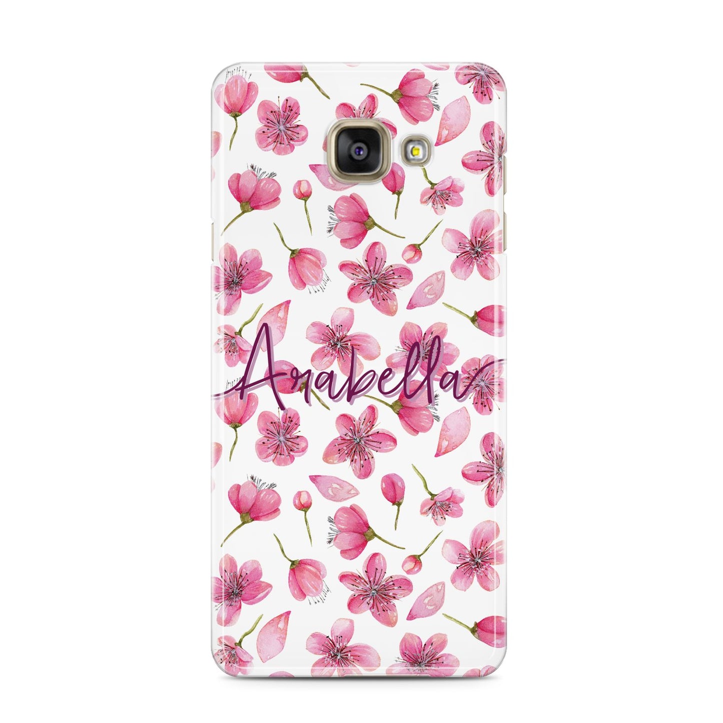 Personalised Blossom Pattern Pink Samsung Galaxy A3 2016 Case on gold phone