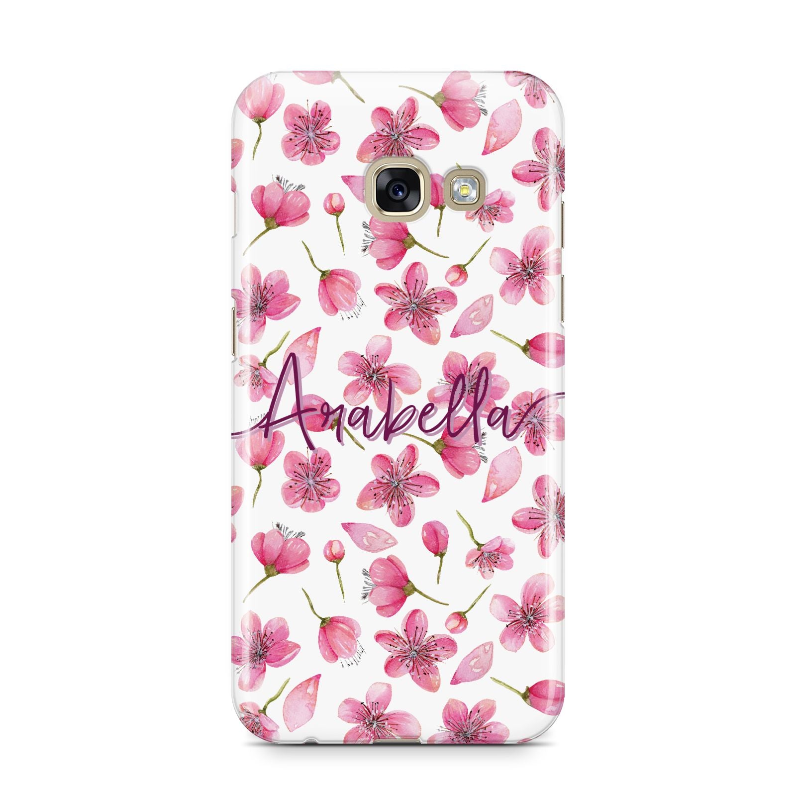 Personalised Blossom Pattern Pink Samsung Galaxy A3 2017 Case on gold phone