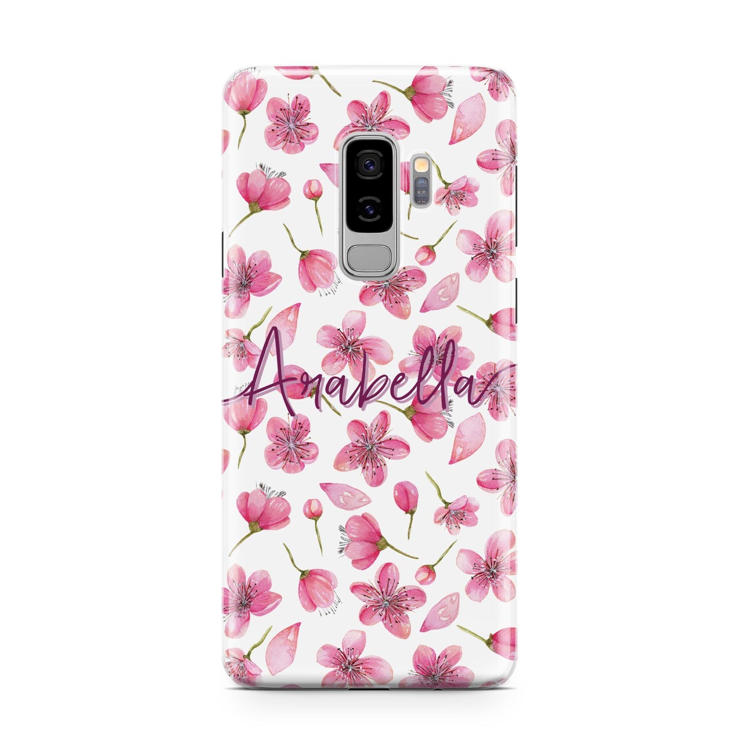 Personalised Blossom Pattern Pink Samsung Galaxy S9 Plus Case on Silver phone