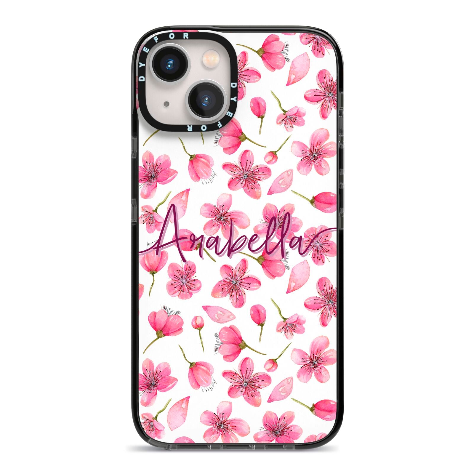 Personalised Blossom Pattern Pink iPhone 13 Black Impact Case on Silver phone