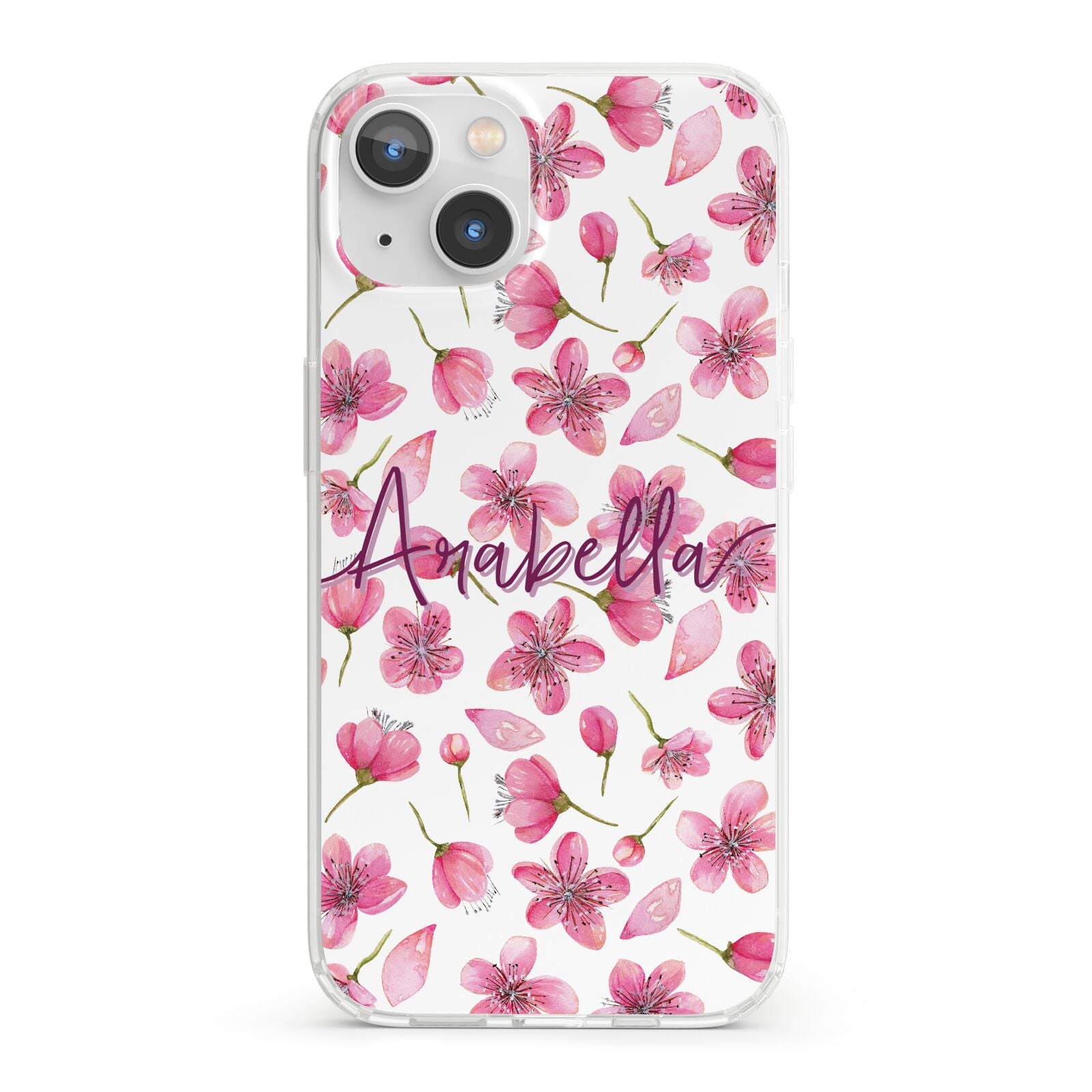Personalised Blossom Pattern Pink iPhone 13 Clear Bumper Case