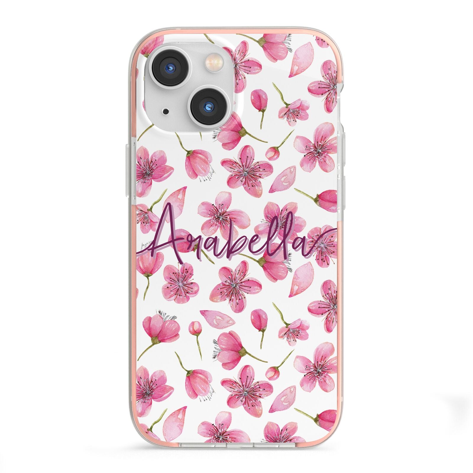 Personalised Blossom Pattern Pink iPhone 13 Mini TPU Impact Case with Pink Edges