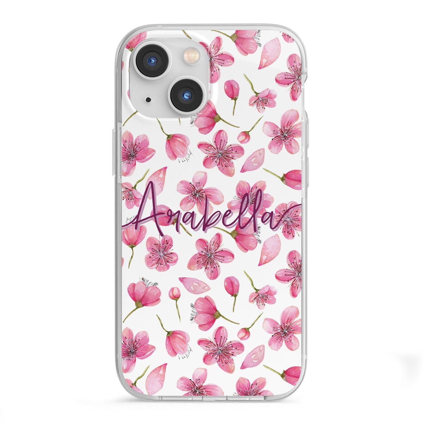 Personalised Blossom Pattern Pink iPhone 13 Mini TPU Impact Case with White Edges