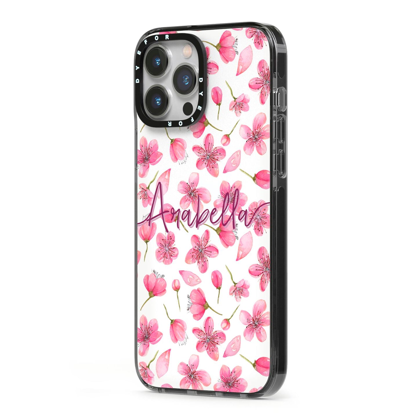 Personalised Blossom Pattern Pink iPhone 13 Pro Max Black Impact Case Side Angle on Silver phone
